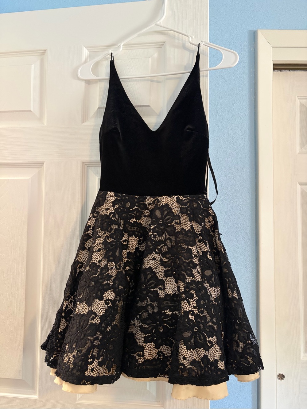 B Darlin Black & Cream Lace Fit-and-Flare Mini Dress
